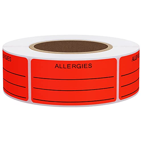 Hybsk Allergies Sticker Fluorescent Red Allergy Stickers/1"x2" Write on Label Total 500 Per Roll (Fluorescent Red) - Image 1