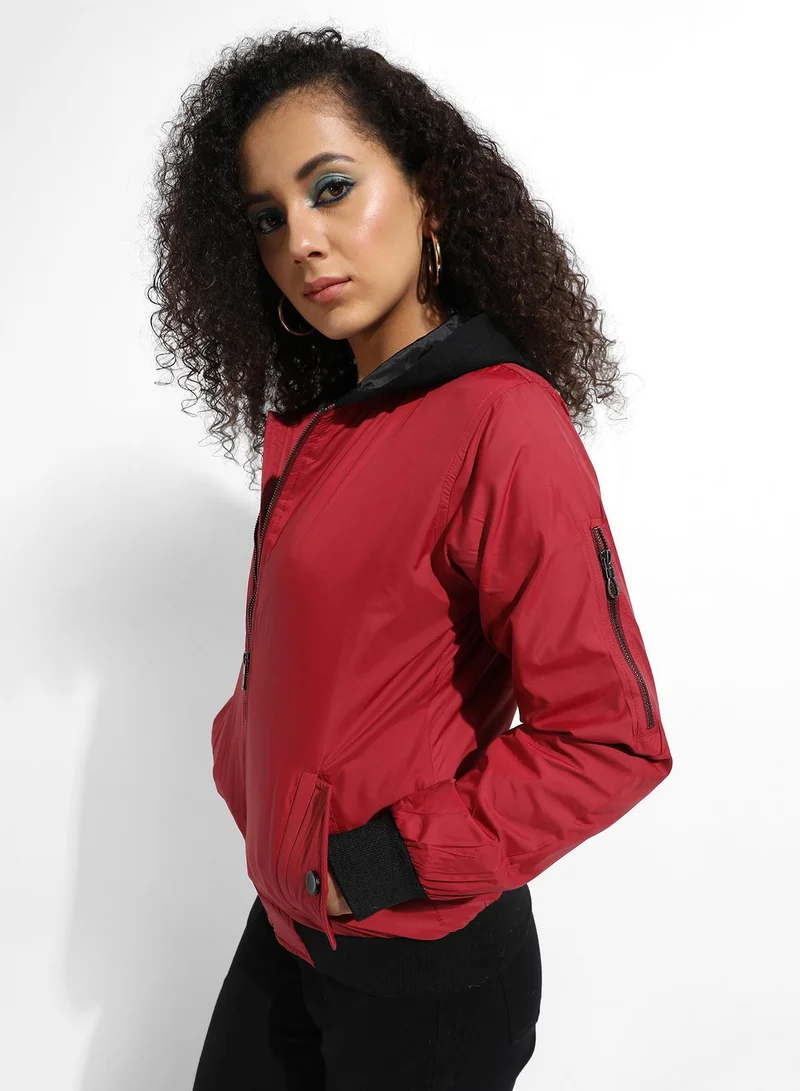 Pinacolada  Women's Maroon Zip-Front Jacket With Contrast Hem for Women | Best Price UAE