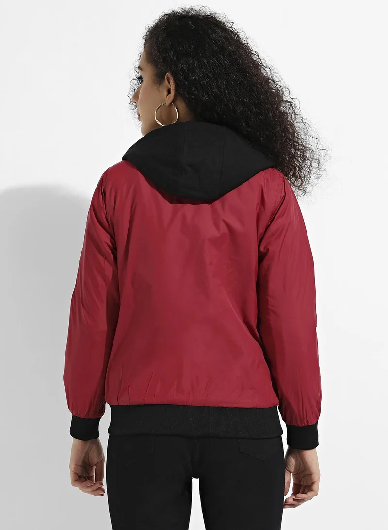 Pinacolada  Women's Maroon Zip-Front Jacket With Contrast Hem for Women | Best Price UAE