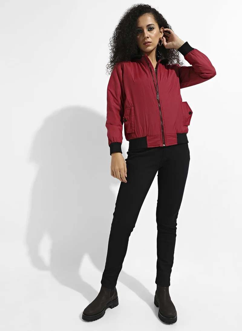 Pinacolada  Women's Maroon Zip-Front Jacket With Contrast Hem for Women | Best Price UAE