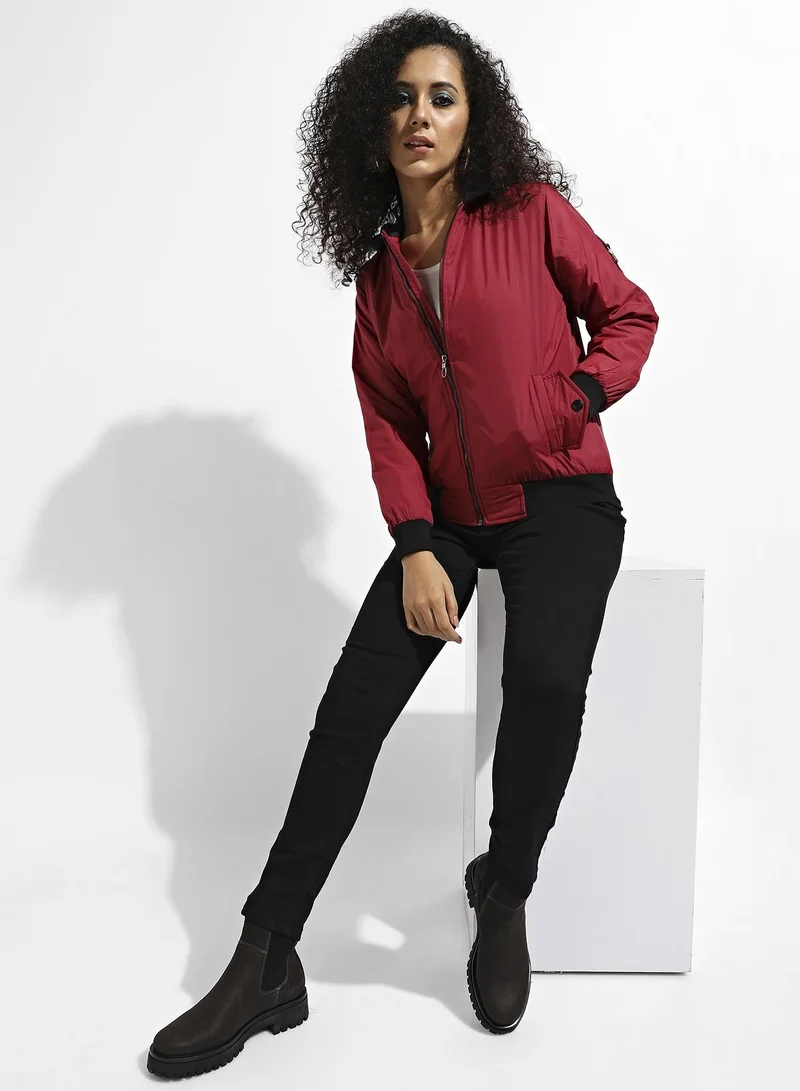 Pinacolada  Women's Maroon Zip-Front Jacket With Contrast Hem for Women | Best Price UAE