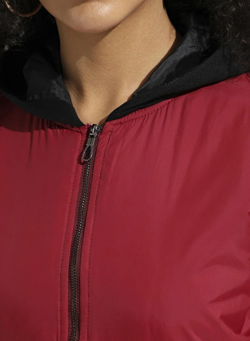 Pinacolada  Women's Maroon Zip-Front Jacket With Contrast Hem for Women | Best Price UAE