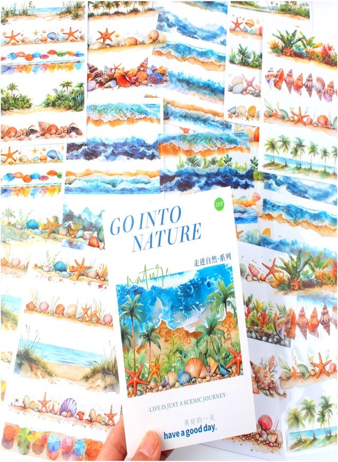 Dwpetzo 20 Sheets Seaside Landscape Pre-Cut Journaling Stickers Book for Junk Journaling, Scrapbooking, Collage, Planner, Album, Transparent PET and Washi Stickers for Adults - Image 1