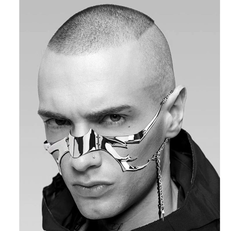 L'VOW Futuristic Y2K Liquid Silver Steel Half Mask Women Men Luxury Irregular Jewelry Face Chain Cyborg Earring Ailen Accessories(Style-1) - Image 4