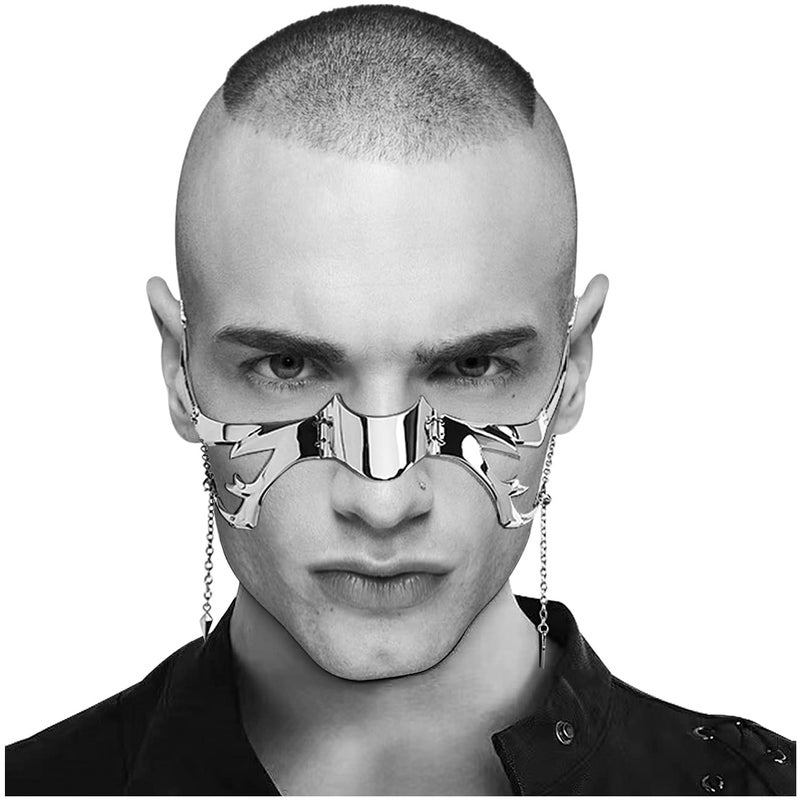 L'VOW Futuristic Y2K Liquid Silver Steel Half Mask Women Men Luxury Irregular Jewelry Face Chain Cyborg Earring Ailen Accessories(Style-1) - Image 1