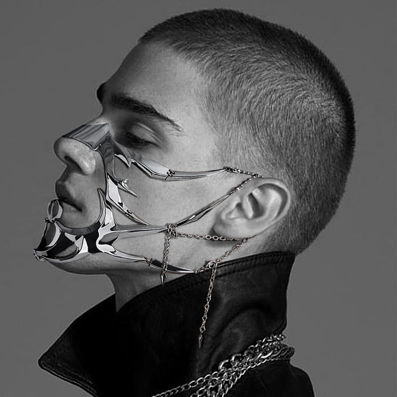 L'VOW Futuristic Y2K Liquid Silver Steel Half Mask Women Men Luxury Irregular Jewelry Face Chain Cyborg Earring Ailen Accessories(Style-1) - Image 5