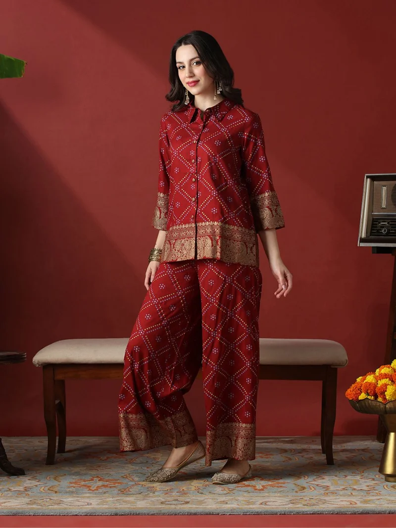 Globus Women Maroon Collared Neck Gold Foil Bandhani Print Shirt With Palazzos Fusion Co-Ord Set