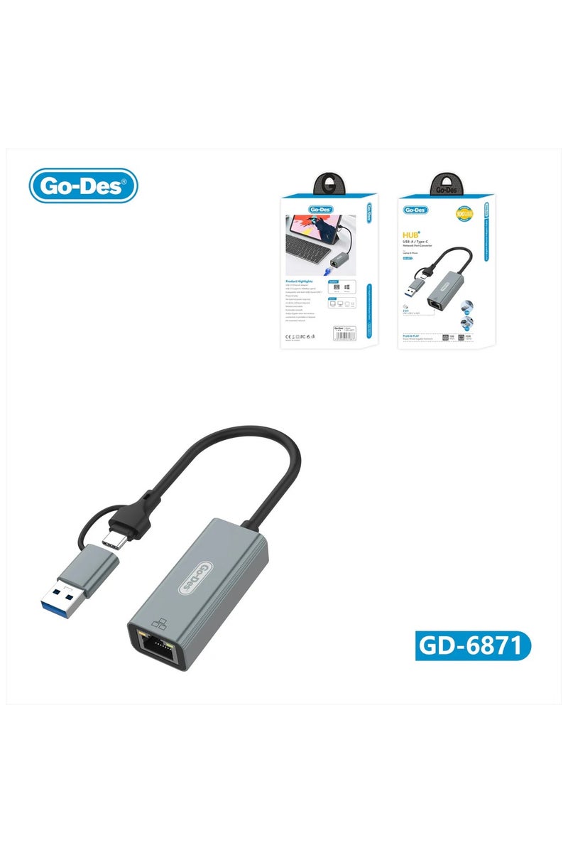 GO-DES USB-C USB-A to RJ45 Gigabit Ethernet Adapter 2in1 Network Converter Cable for Laptop Desktop Switch - Image 1