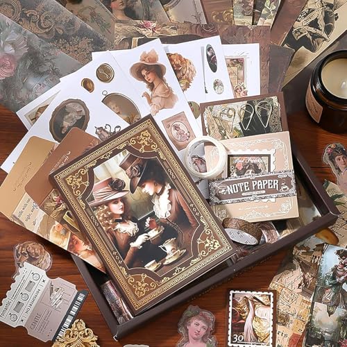 yifely Paper Vintage Aesthetic Scrapbook Kit Scrapbooking Supplies Kit with Bullet Junk Journal,Stationery,A6 Grid Notebook with Graph Ruled Page DIY Journaling Gift for (Vitorian Brown Y) - Image 2