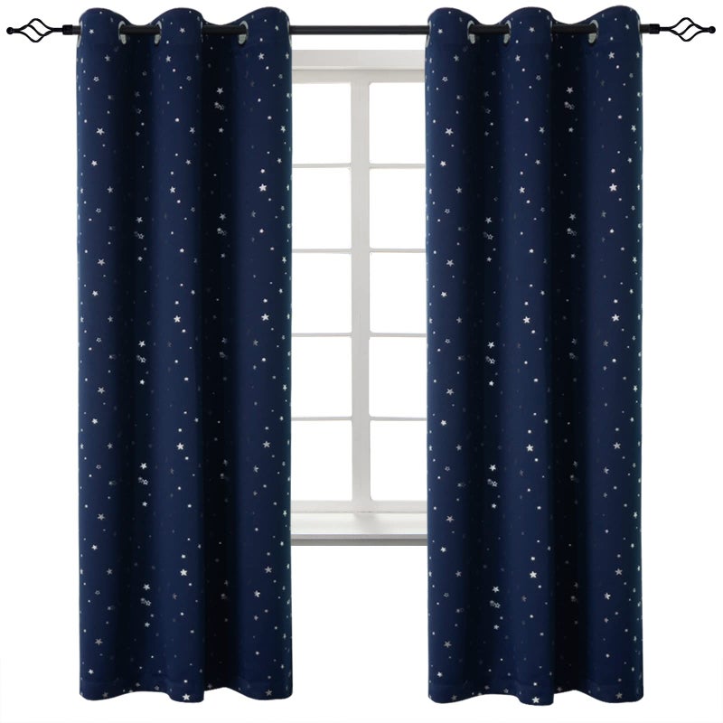 BGment Kids Blackout Curtains for Boys Bedroom - Grommet Thermal Insulated Silver Star Print Room Darkening Curtains for Living Room, Set of 2 Panels (42 x 72 Inch, Navy) - Image 1