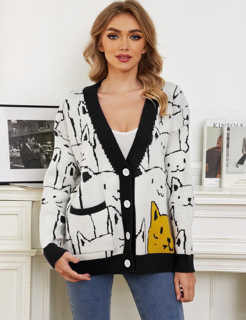 Arssm Cat Sweater for Women Oversized Button Down V Neck Knit Cardigan Cute Kawaii Cartoon Print Sweater Fall Clothes(Black-XS) - Image 3