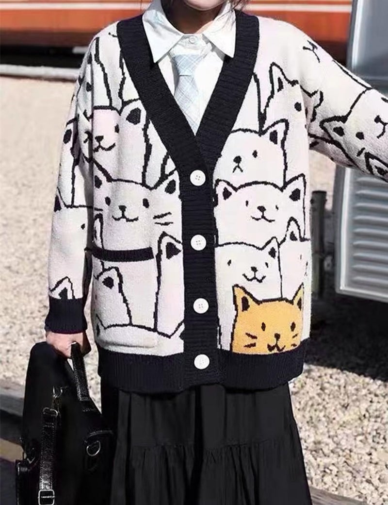 Arssm Cat Sweater for Women Oversized Button Down V Neck Knit Cardigan Cute Kawaii Cartoon Print Sweater Fall Clothes(Black-XS) - Image 4