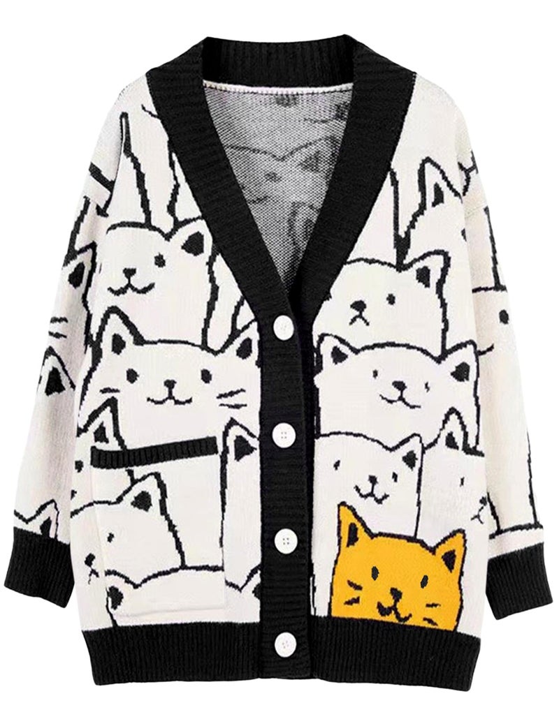 Arssm Cat Sweater for Women Oversized Button Down V Neck Knit Cardigan Cute Kawaii Cartoon Print Sweater Fall Clothes(Black-XS) - Image 1