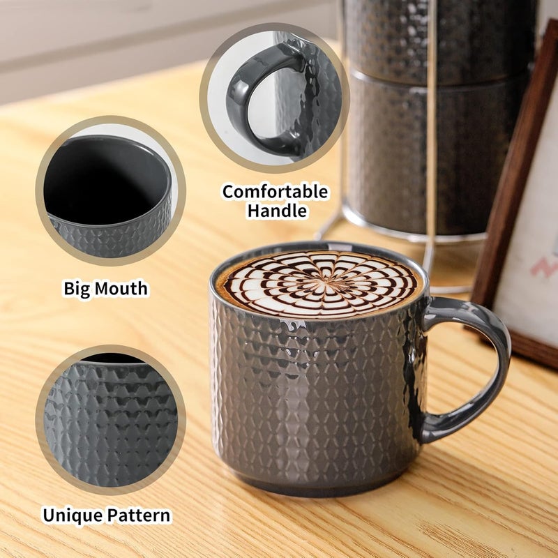 Hasense Coffee Mugs Set of 4 with Stand 15 oz Porcelain Stackable Coffee Cups Set with handle for Tea Latte Milk and Cappuccino Grey Embossed Tea Cups Set with Geometric Patterns for Men and Women - Image 2