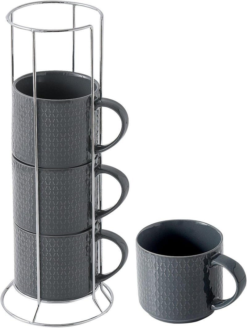 Hasense Coffee Mugs Set of 4 with Stand 15 oz Porcelain Stackable Coffee Cups Set with handle for Tea Latte Milk and Cappuccino Grey Embossed Tea Cups Set with Geometric Patterns for Men and Women - Image 1