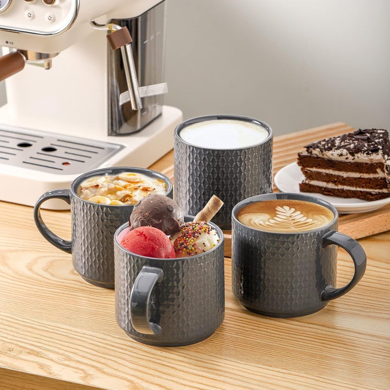Hasense Coffee Mugs Set of 4 with Stand 15 oz Porcelain Stackable Coffee Cups Set with handle for Tea Latte Milk and Cappuccino Grey Embossed Tea Cups Set with Geometric Patterns for Men and Women - Image 5