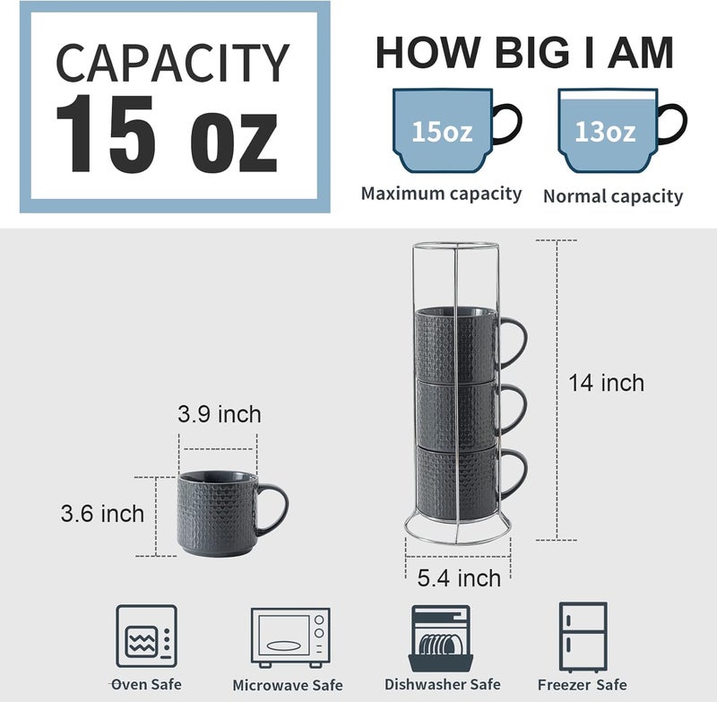 Hasense Coffee Mugs Set of 4 with Stand 15 oz Porcelain Stackable Coffee Cups Set with handle for Tea Latte Milk and Cappuccino Grey Embossed Tea Cups Set with Geometric Patterns for Men and Women - Image 4