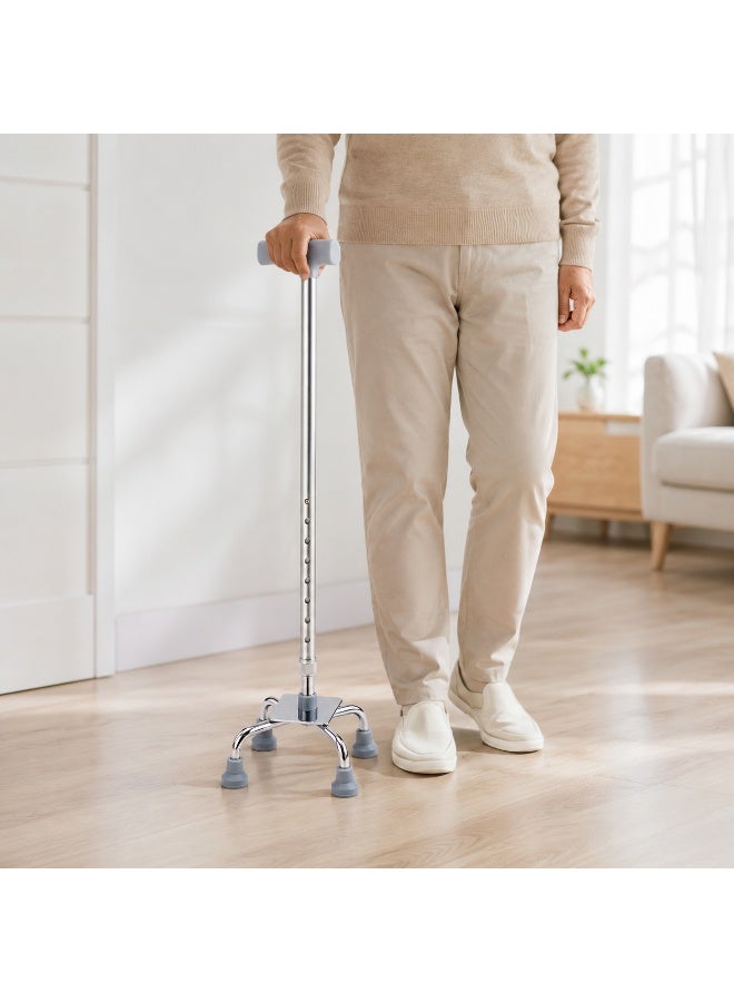 Adjustable Quad Walking Cane with Ergonomic Handle & Anti-Slip Rubber Feet - Silver & Grey - Image 3