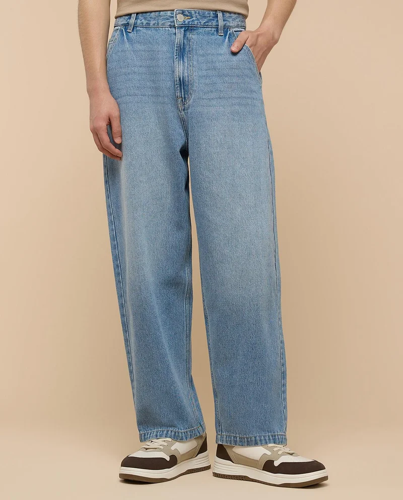 R&B Faded Loose Fit Jeans with Button Closure