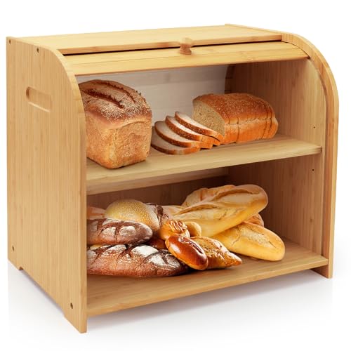 Thalomely Bread Box for Kitchen Countertop Double Layer Bamboo Bread Storage Container for Homemade Bread Roll Top Bread Box with 3 Adjustable Height for Kitchen Counter Natural Breadbox Organizer - Image 1