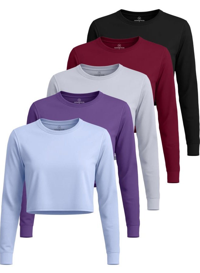 REALESSENTIALS 5 Pack: Womens Crop Top High Waist Quick Dry Fit Active Wear Yoga Workout Athletic Clothes Running Gym Exercise Ladies Long Sleeve Crew Scoop Neck Moisture Wicking Tees T-Shirt Winter - Set 6, L - Image 1