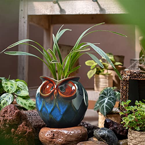 GeLive Blue Owl Ceramic Succulent Planter with Drainage Hole Animal Plant Pot Tabletop Decoration Vase Window Box Indoor Outdoor Decor (Blue) - Image 3
