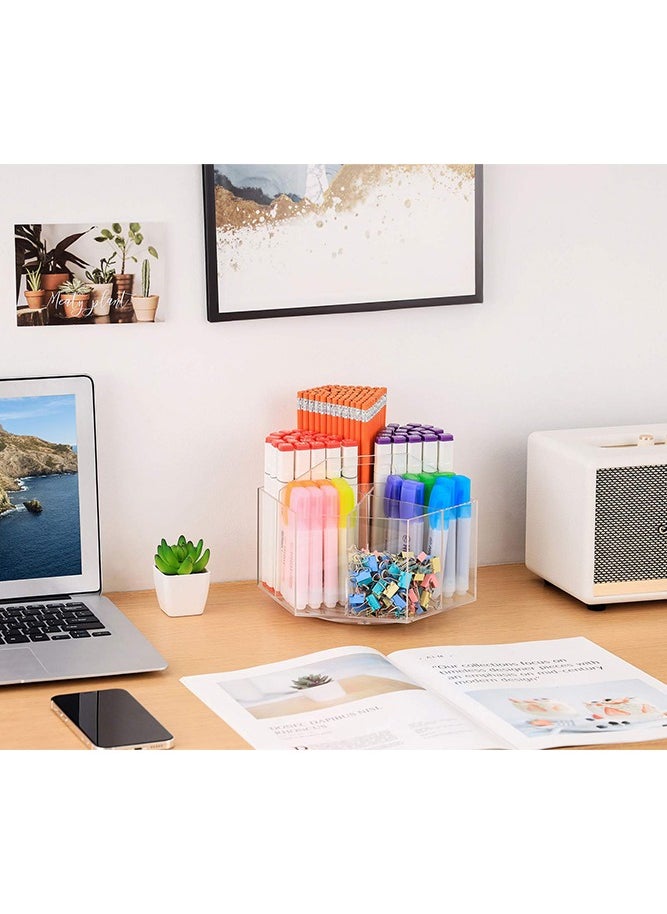 360-Degree Rotating Acrylic Pen Holder for Desk, Clear Pen Organizer with 6 Compartments, Hold 600+ Pencils, Desktop Stationery Organizer Caddy for Office School Home and Art Supplies