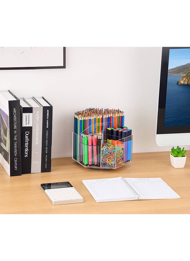 360-Degree Rotating Acrylic Pen Holder for Desk, Clear Pen Organizer with 6 Compartments, Hold 600+ Pencils, Desktop Stationery Organizer Caddy for Office School Home and Art Supplies