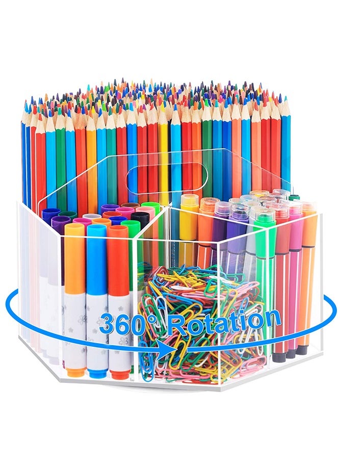 360-Degree Rotating Acrylic Pen Holder for Desk, Clear Pen Organizer with 6 Compartments, Hold 600+ Pencils, Desktop Stationery Organizer Caddy for Office School Home and Art Supplies