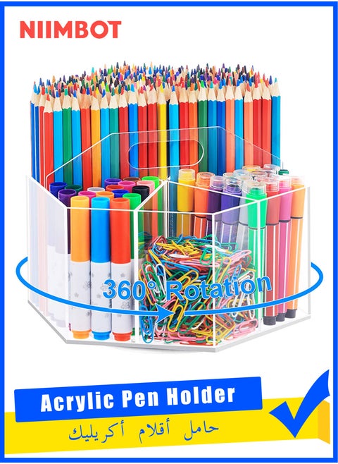 360-Degree Rotating Acrylic Pen Holder for Desk, Clear Pen Organizer with 6 Compartments, Hold 600+ Pencils, Desktop Stationery Organizer Caddy for Office School Home and Art Supplies