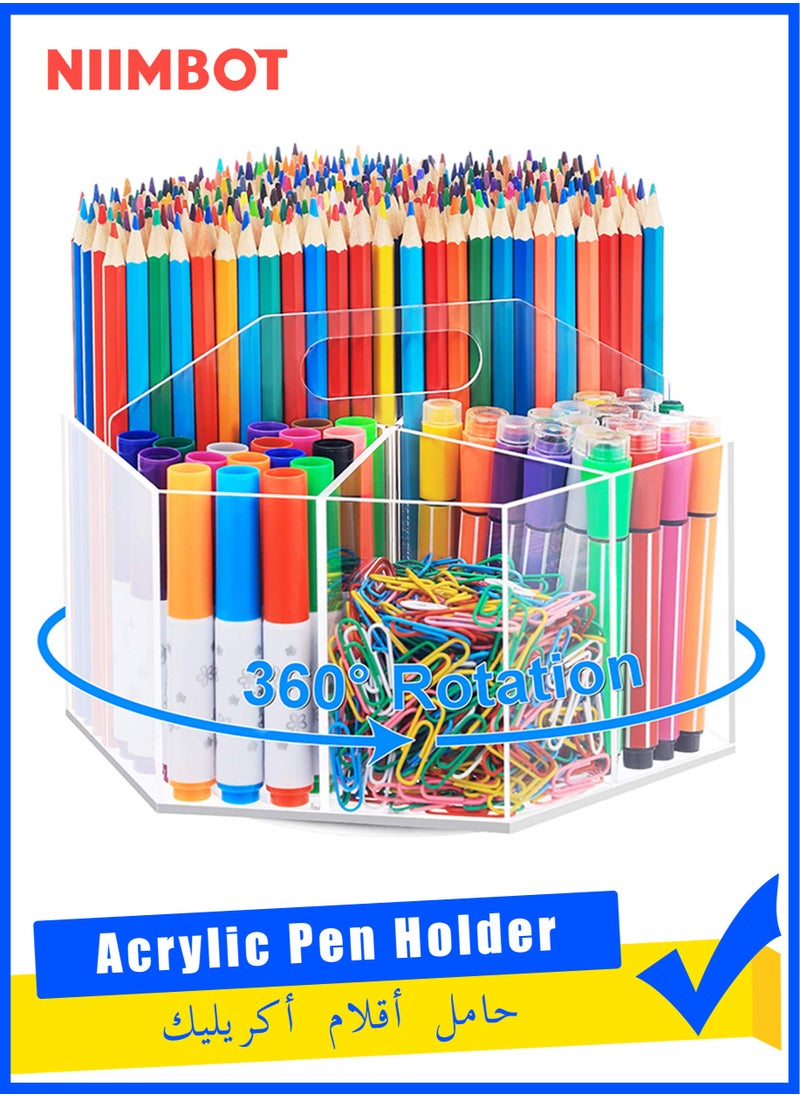 360-Degree Rotating Acrylic Pen Holder for Desk, Clear Pen Organizer with 6 Compartments, Hold 600+ Pencils, Desktop Stationery Organizer Caddy for Office School Home and Art Supplies
