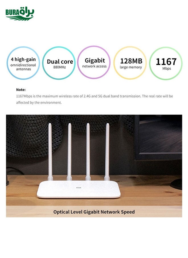 BURAQ - Original Xiaomi WiFi Router 4A Smart APP Control AC1200 1167Mbps 128MB 2.4GHz & 5GHz Dual-core CPU Gigabit Ethernet Port Wireless Router Repeater with 4 Antennas, Support Web & Android & iOS, US Plug(White) - Image 1