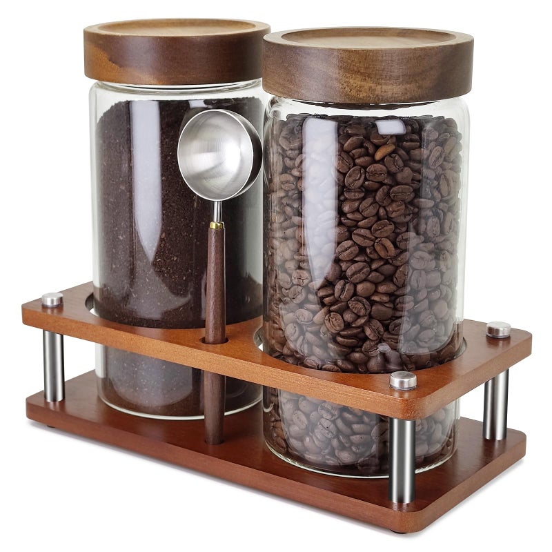 Venuekkuri Glass Coffee Grounds Container with Shelf, 2 Ã— 45 oz Glass Coffee Canisters with Airtight Thread Lid, Storage Jars with Stainless Steel Spoon for Coffee Bean, Sugar,Nut - Image 1