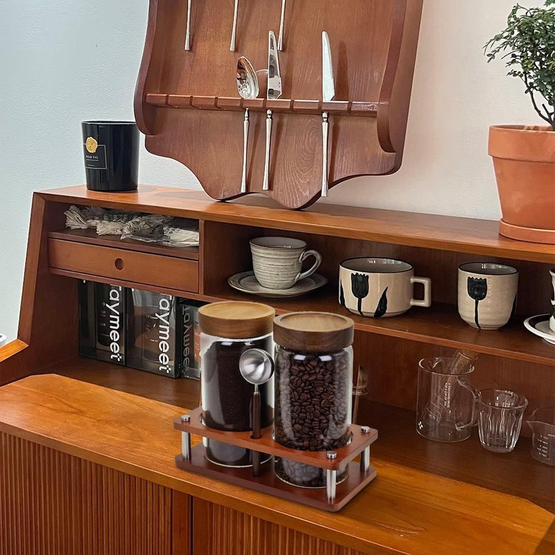Venuekkuri Glass Coffee Grounds Container with Shelf, 2 Ã— 45 oz Glass Coffee Canisters with Airtight Thread Lid, Storage Jars with Stainless Steel Spoon for Coffee Bean, Sugar,Nut - Image 2