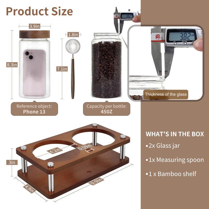 Venuekkuri Glass Coffee Grounds Container with Shelf, 2 Ã— 45 oz Glass Coffee Canisters with Airtight Thread Lid, Storage Jars with Stainless Steel Spoon for Coffee Bean, Sugar,Nut - Image 3