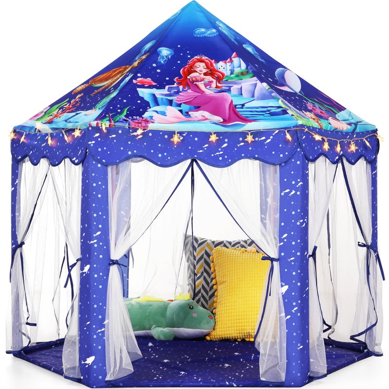 Monobeach Mermaid Princess Tent Girls Blue Large Playhouse Kids Castle Play Tent with Star Lights Gift Toy for Children Indoor and Outdoor Games - Image 3