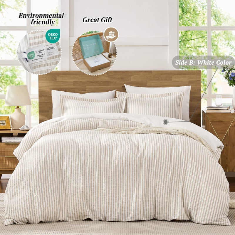 MILDLY Jacquard Stripe Duvet Cover - 100% Washed Cotton Light Khaki Boho Textured Comforter Cover 3pcs with Zipper Closure 90"x90" - Image 3
