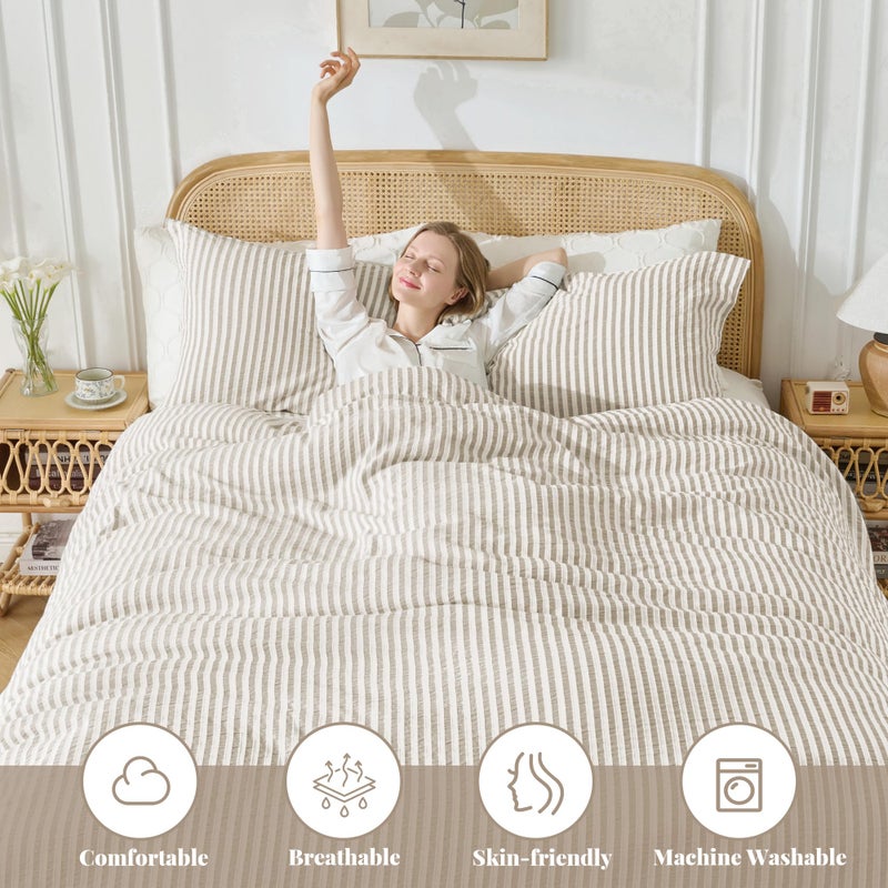 MILDLY Jacquard Stripe Duvet Cover - 100% Washed Cotton Light Khaki Boho Textured Comforter Cover 3pcs with Zipper Closure 90"x90" - Image 2