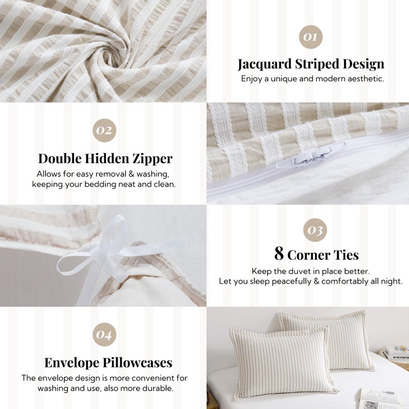 MILDLY Jacquard Stripe Duvet Cover - 100% Washed Cotton Light Khaki Boho Textured Comforter Cover 3pcs with Zipper Closure 90"x90" - Image 5