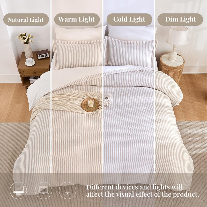 MILDLY Jacquard Stripe Duvet Cover - 100% Washed Cotton Light Khaki Boho Textured Comforter Cover 3pcs with Zipper Closure 90"x90" - Image 4