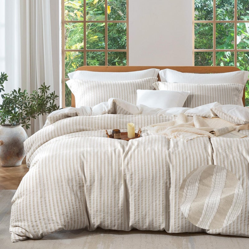 MILDLY Jacquard Stripe Duvet Cover - 100% Washed Cotton Light Khaki Boho Textured Comforter Cover 3pcs with Zipper Closure 90"x90" - Image 1