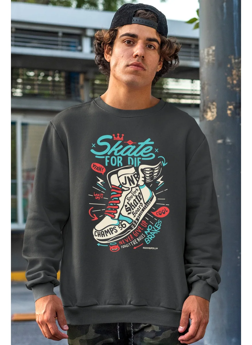 Rock&Roll Winged Shoes Anthracite Crew Neck Thick Men's Sweatshirt