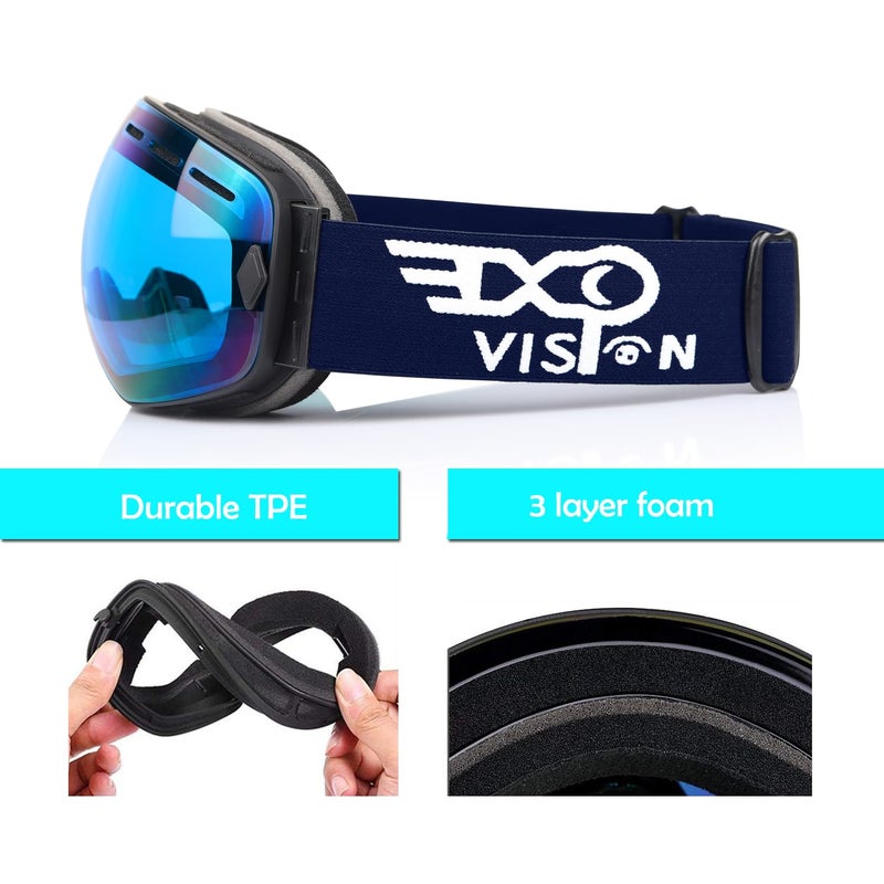 EXP VISION Snowboard Ski Goggles Men Women Youth, Anti Fog OTG Winter Snow Goggles Spherical Detachable Lens (Blue) - Image 3
