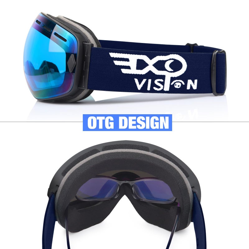 EXP VISION Snowboard Ski Goggles Men Women Youth, Anti Fog OTG Winter Snow Goggles Spherical Detachable Lens (Blue) - Image 2