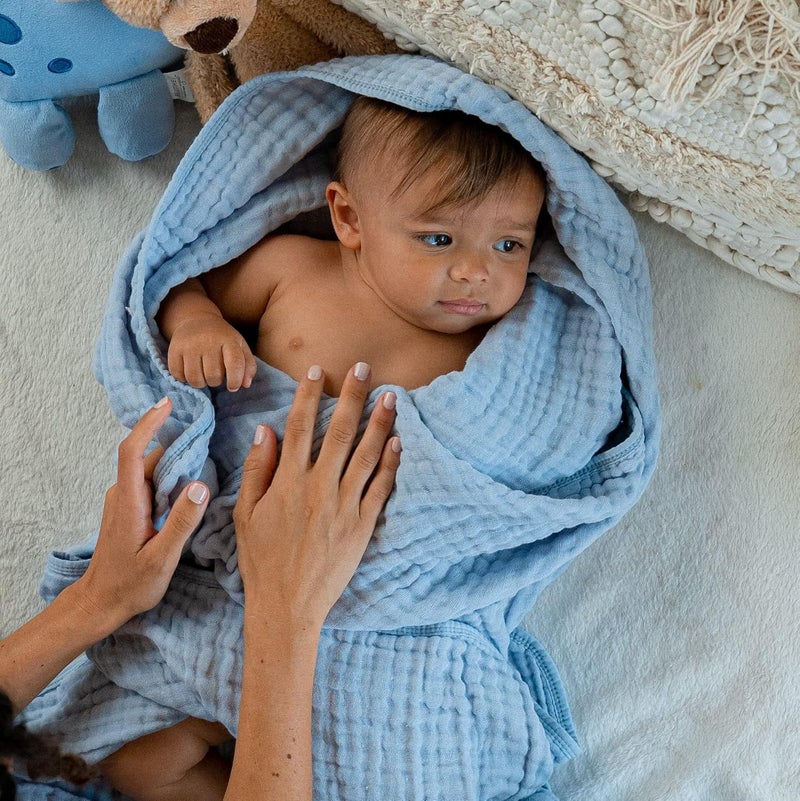 KASSY POP CURATED JUST FOR YOU Kassy Pop Muslin Cotton Bath Towel Cum Baby Swaddler | Extra Soft Towels for Newborn 0 to 3 Years l 100% Organic Cotton wash Towel | 105 X 105 cm (Blue) - Image 3