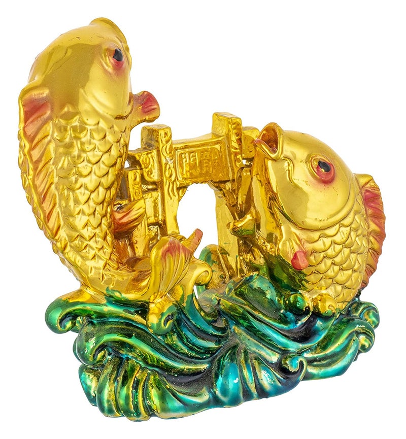 Homenique Feng Shui Double Fish with Dragon Gate Showpiece | Resin Brass-Coloured Carp Idol for Good Luck, Prosperity, Strength, Education & Marriage Luck - Image 3