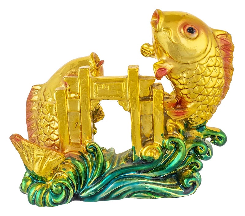 Homenique Feng Shui Double Fish with Dragon Gate Showpiece | Resin Brass-Coloured Carp Idol for Good Luck, Prosperity, Strength, Education & Marriage Luck - Image 4