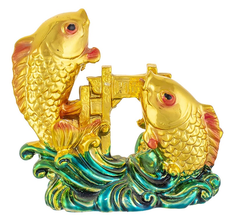 Homenique Feng Shui Double Fish with Dragon Gate Showpiece | Resin Brass-Coloured Carp Idol for Good Luck, Prosperity, Strength, Education & Marriage Luck - Image 5