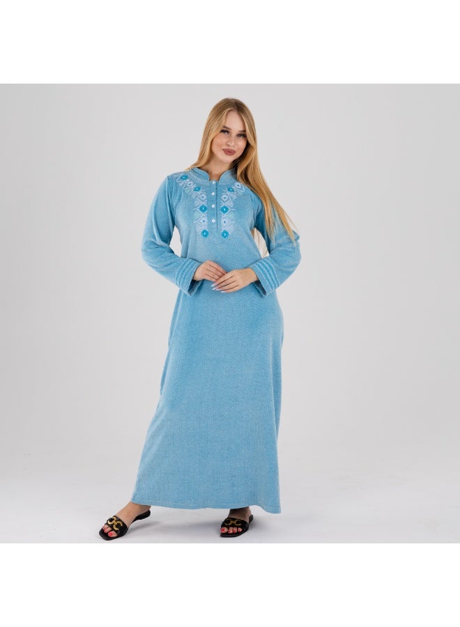 Title: Sky Blue Velour Winter Galabeya 🩵 Soft Embroidery - Warmth and Home Elegance