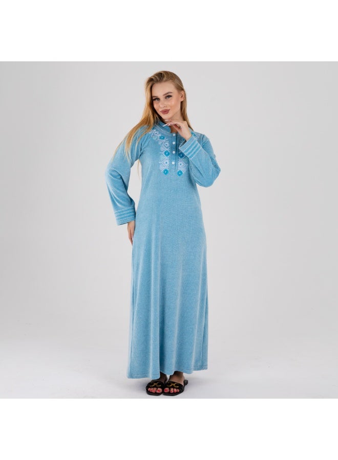 زيكوتكس  جلابية قطيفة شتوية سماوي 🩵 تطريز ناعم - دفء وشياكة للبيت - Image 2